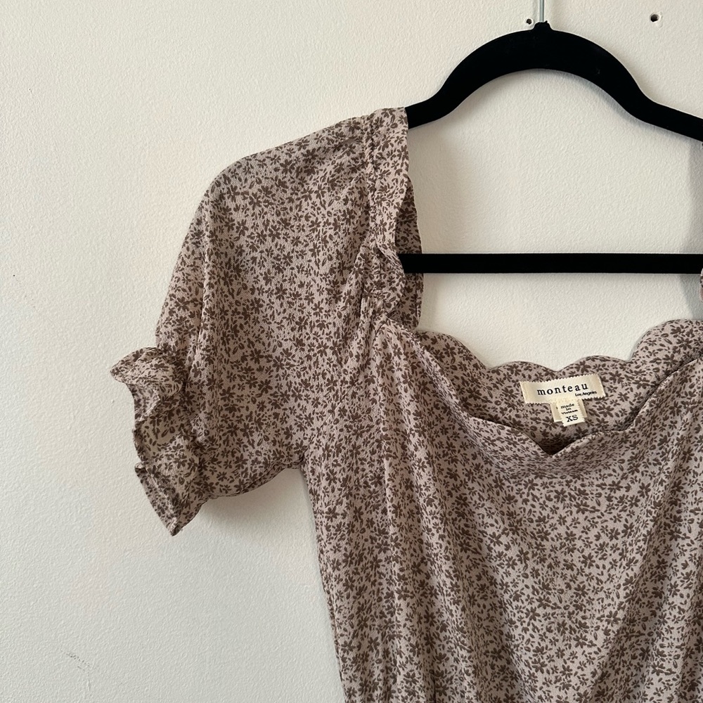 Tan Floral Scalloped Hem Midi Dress